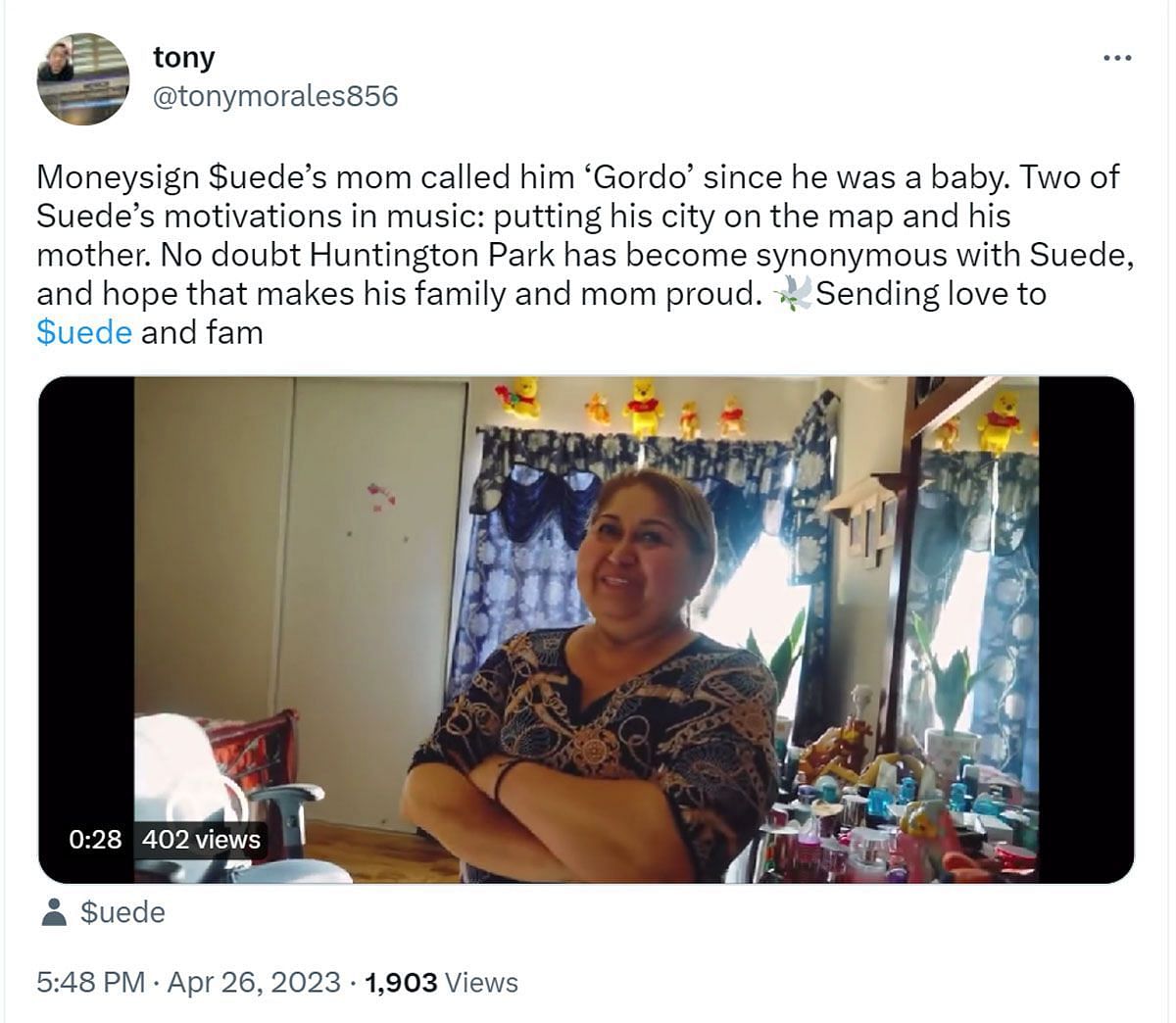 A comment reacting to Suede's death (Image via Twitter/ @tonymorales856)